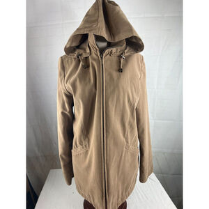 Women’s London Fog Full Zip Jacket Size Petite Small Beige Detachable Hood EUC